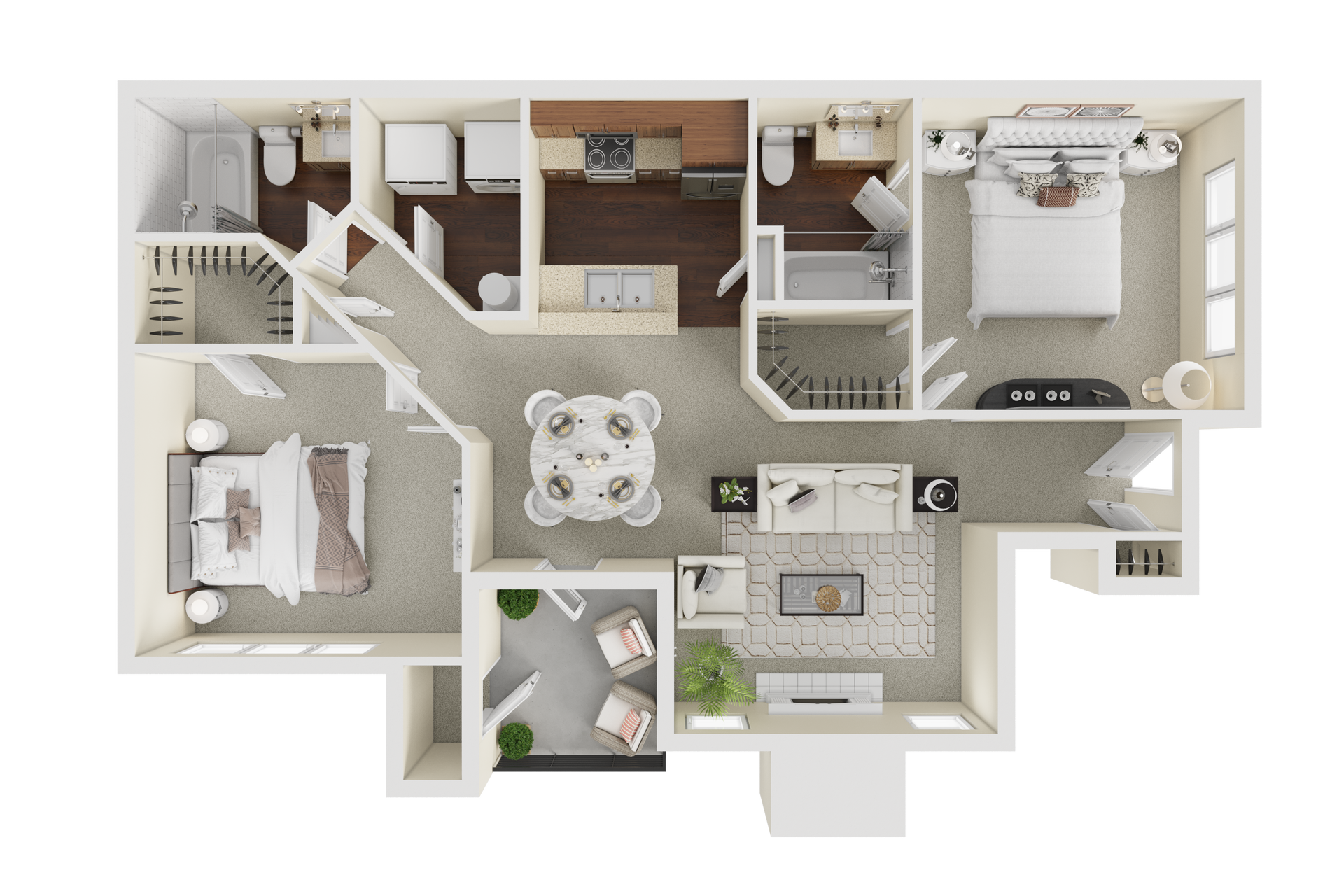 Floor plan of a two-bedroom apartment with kitchen, living room, and bathrooms.