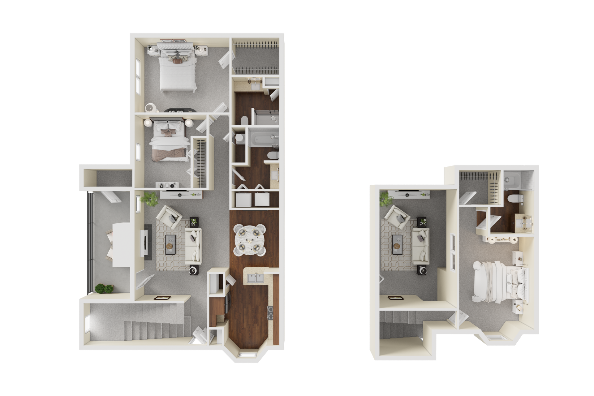 Floor plan of a multi-level apartment; white walls, dark wood flooring, furniture layout.