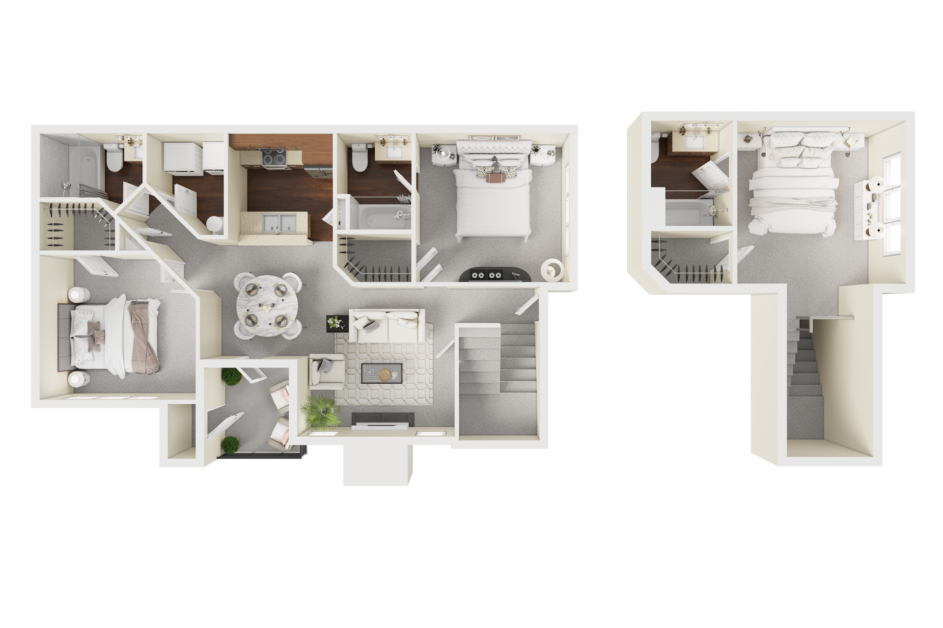 Floor plan of a two-story apartment. Displays a kitchen, living area, bedrooms, and bathrooms.