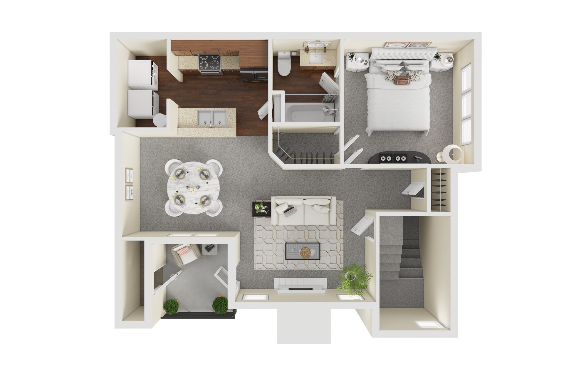 Floor plan of a furnished apartment with a living room, kitchen, bedroom, and bathroom.