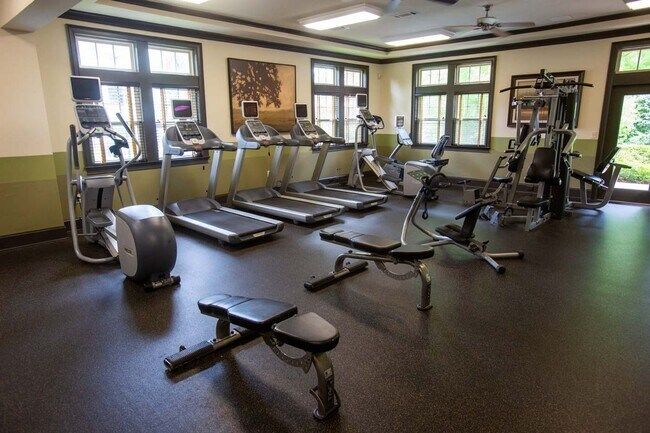 Empty gym room with treadmills, weight machines, and large windows overlooking greenery
