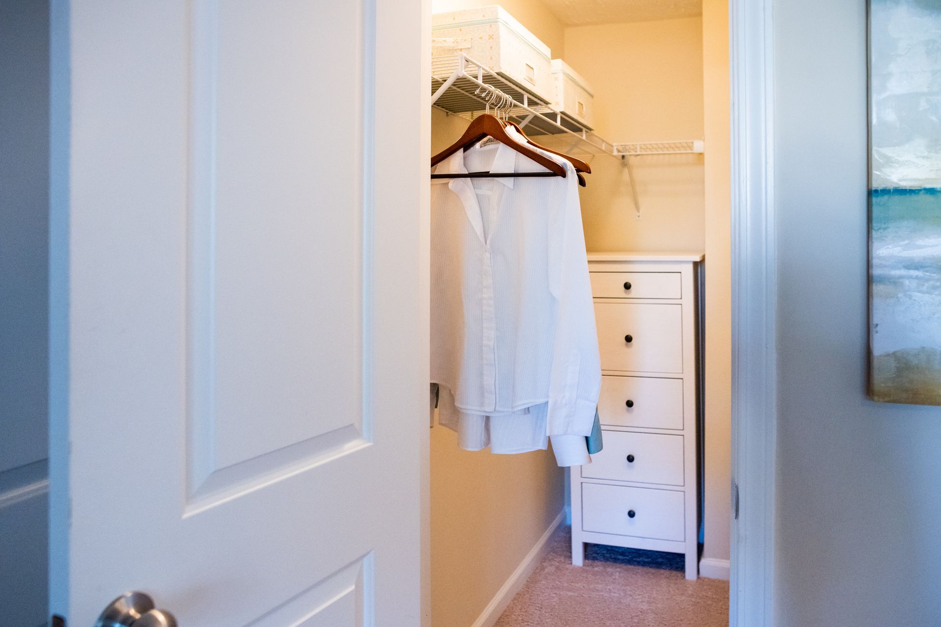 A walk in closet with clothes hanging on racks and a dresser.