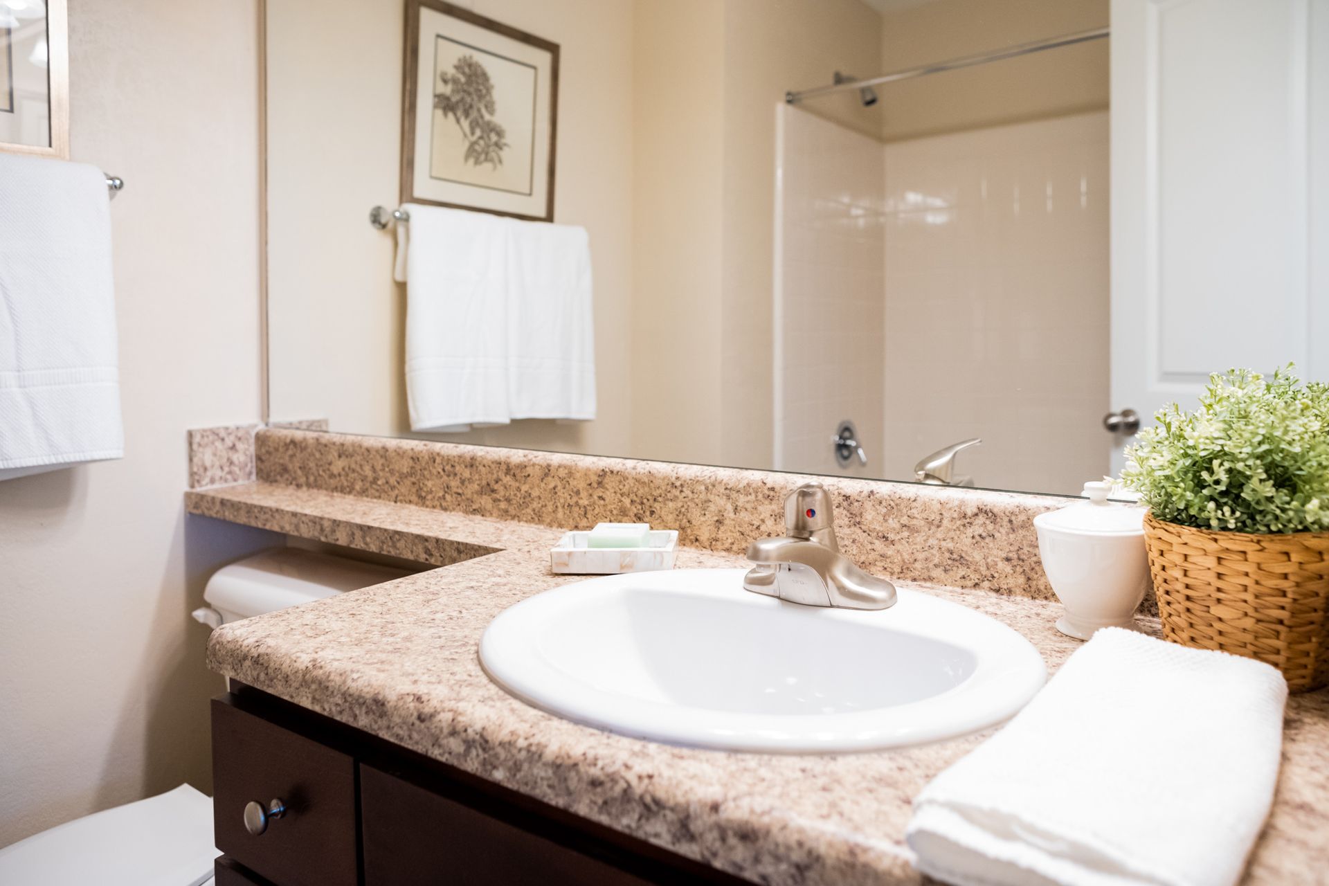 A bathroom with a sink , toilet , and mirror.