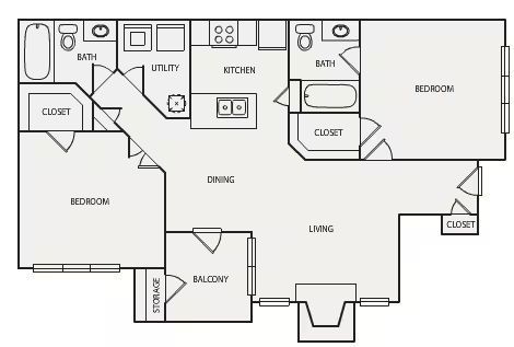 Apartment floor plan with two bedrooms, kitchen, dining area, living room, and balcony.