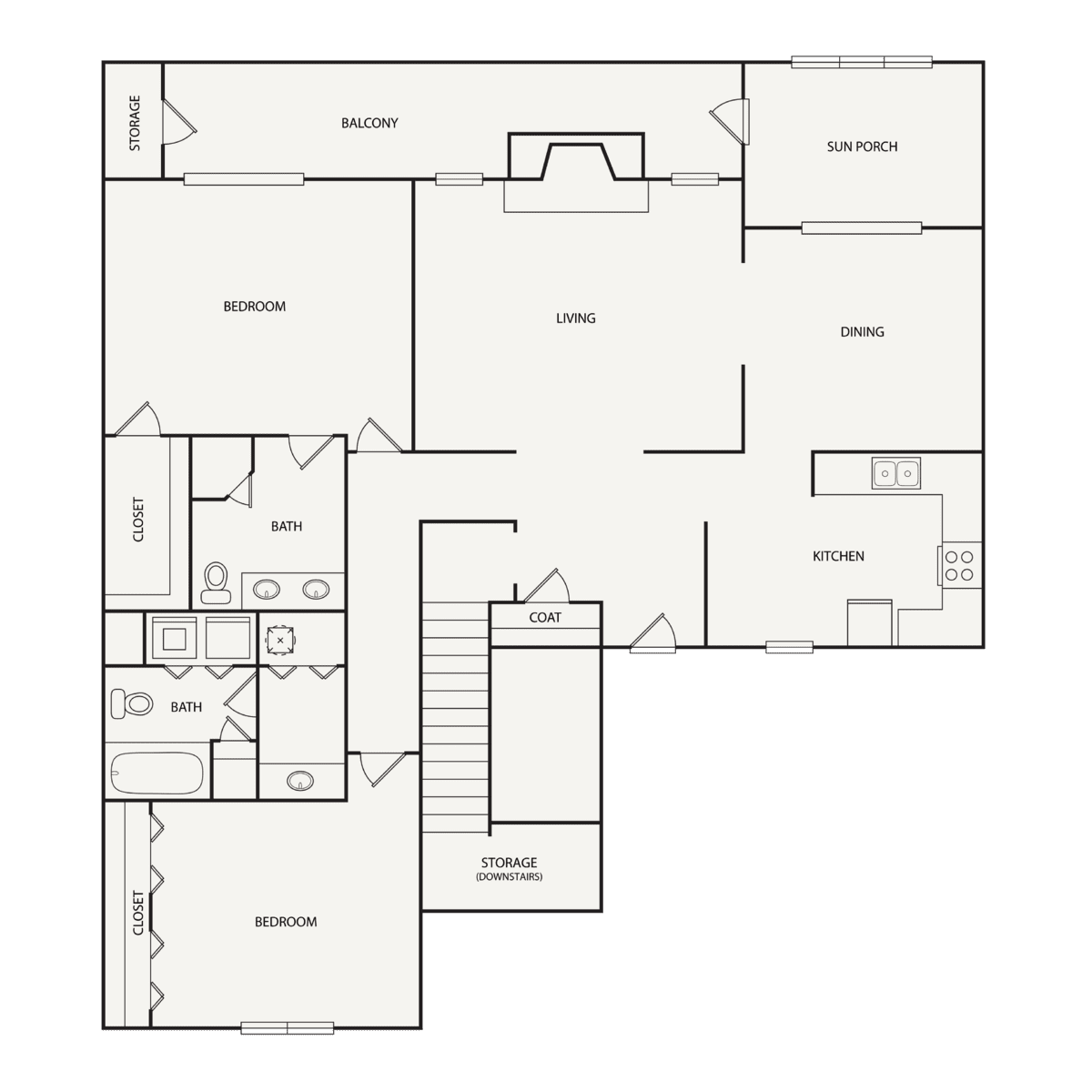 Floor plan of a home, including bedrooms, bathrooms, living room, kitchen, and stairs.