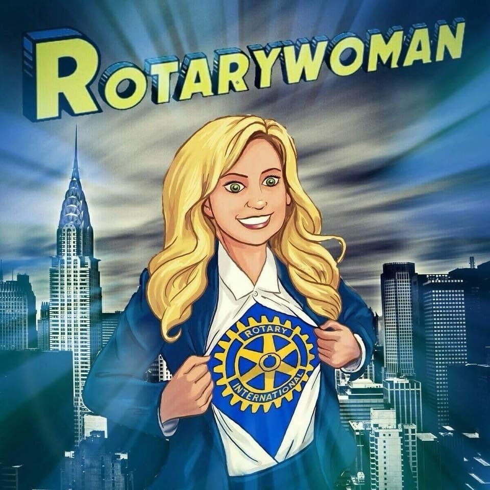 Rotarywoman: Blonde woman in suit revealing Rotary International logo with cityscape background.