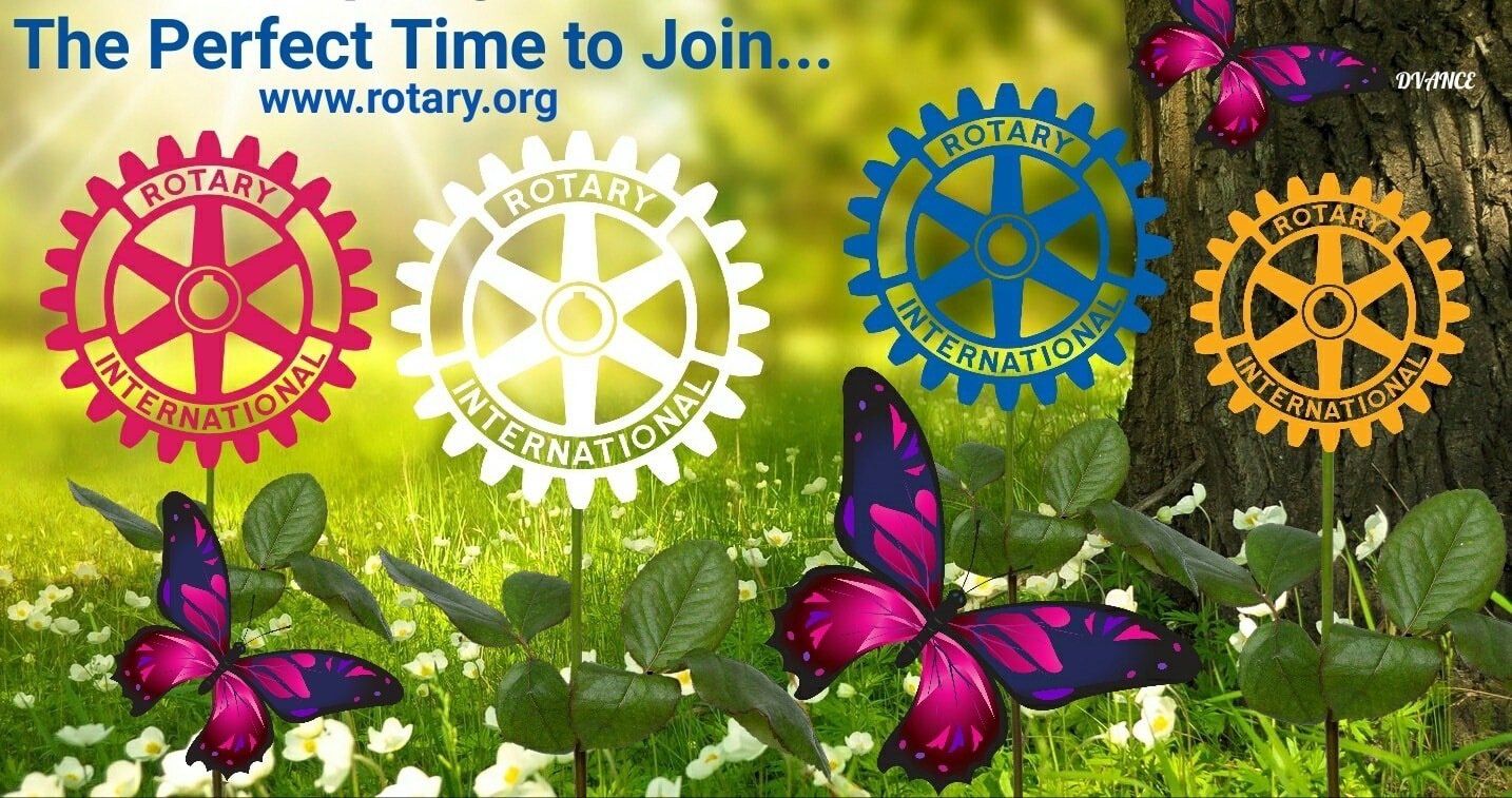 Rotary International ad: Colorful gears and butterflies in a garden setting, promoting joining Rotary.