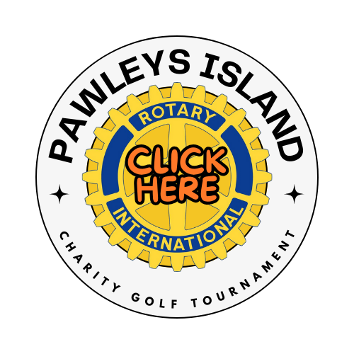 Pawleys Island Rotary golf tournament logo: blue and gold Rotary wheel with