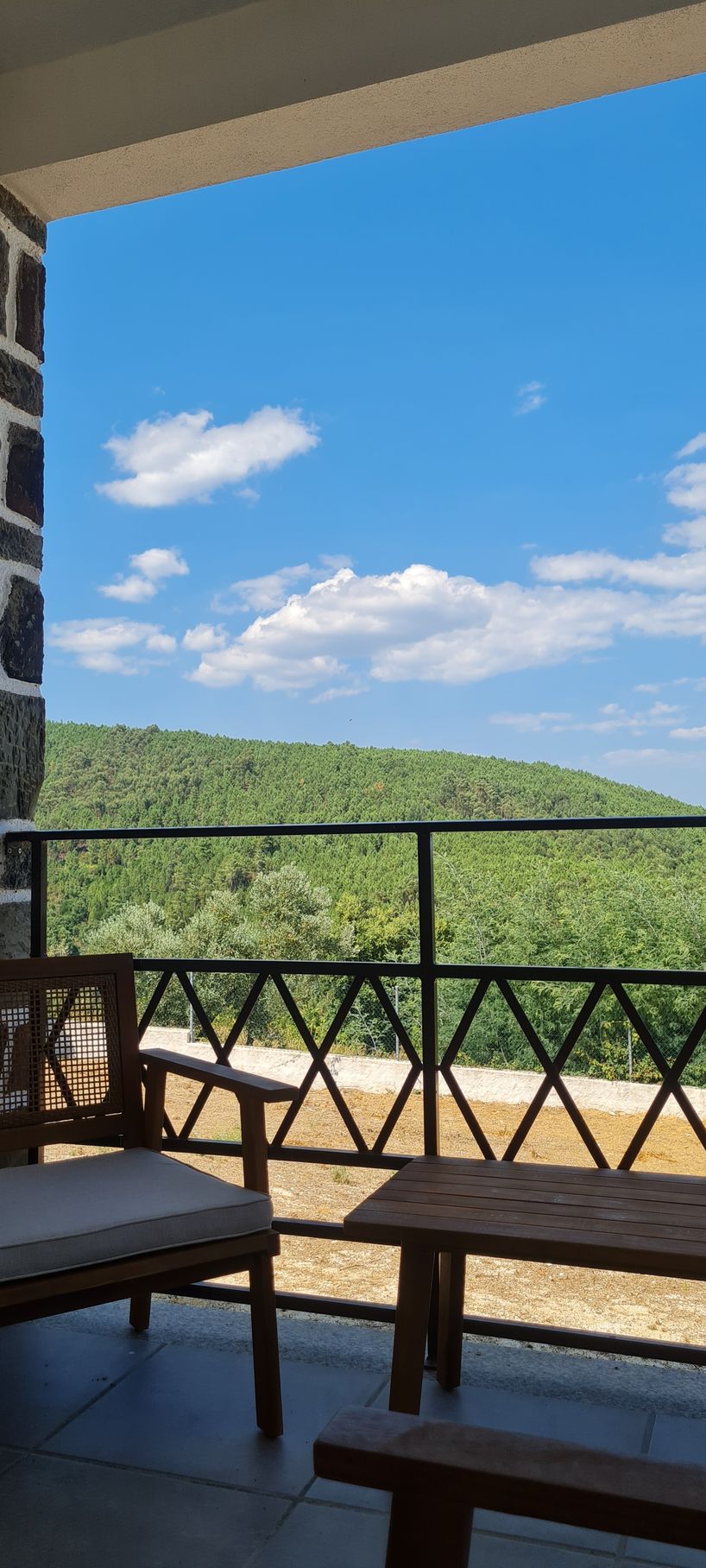 Vista de uma varanda para a montanha com uma floresta de pinho e eucalipto verdejante. O céu está azul com poucas nuvens.
