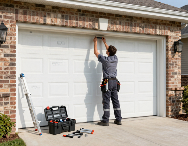 Technician adjusting a garage door opener with ladder and tools outside a brick home