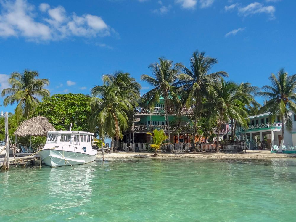 Tropical waterfront with turquoise water, docked boats, palm trees, and colorful seaside buildings under a blue sky
