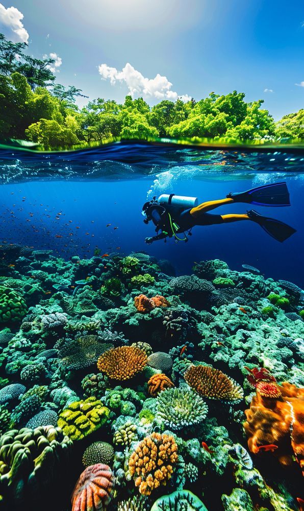 Snorkeler above vibrant coral reef in clear tropical water under a sunny blue sky
