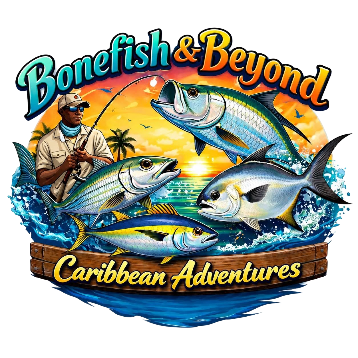 Bonefish & Beyond Caribbean Adventures logo with fish, angler, and tropical sunset over water
