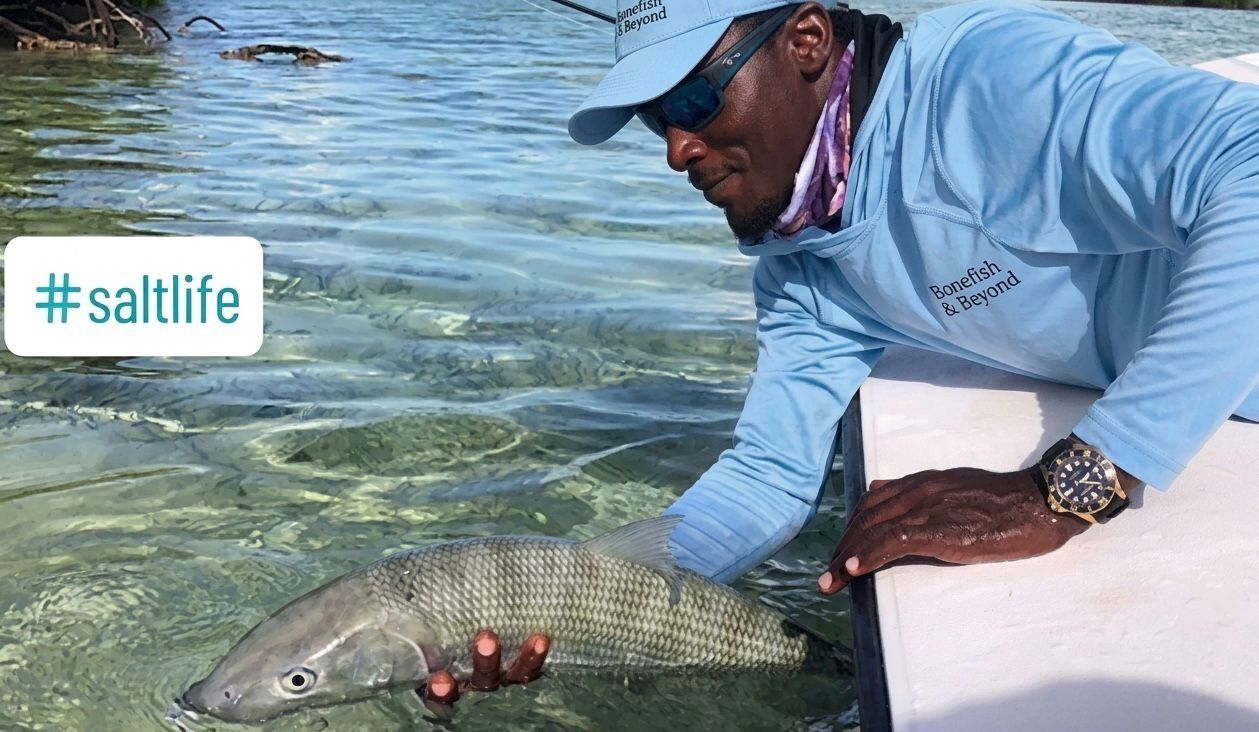 Man in blue shirt and cap holding a large fish in clear shallow water, with “#saltlife” text.