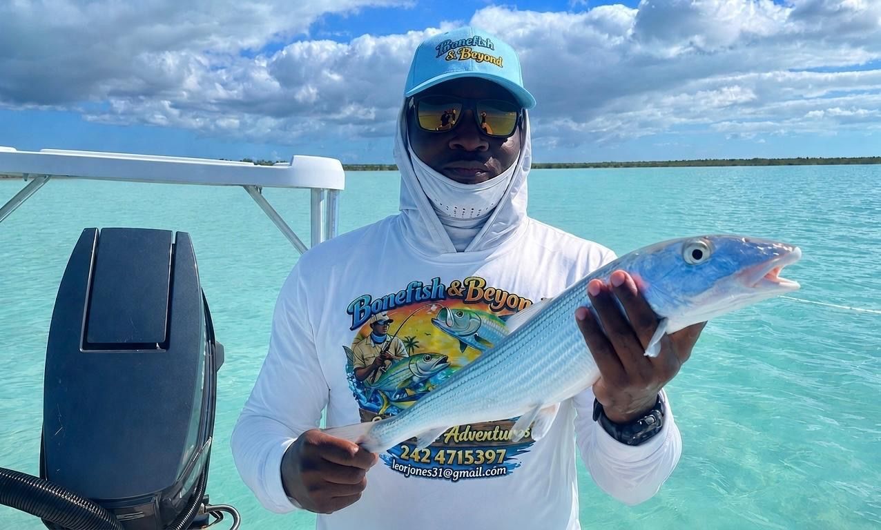 Angler on a boat holding a silver-blue fish on turquoise water under a cloudy sky