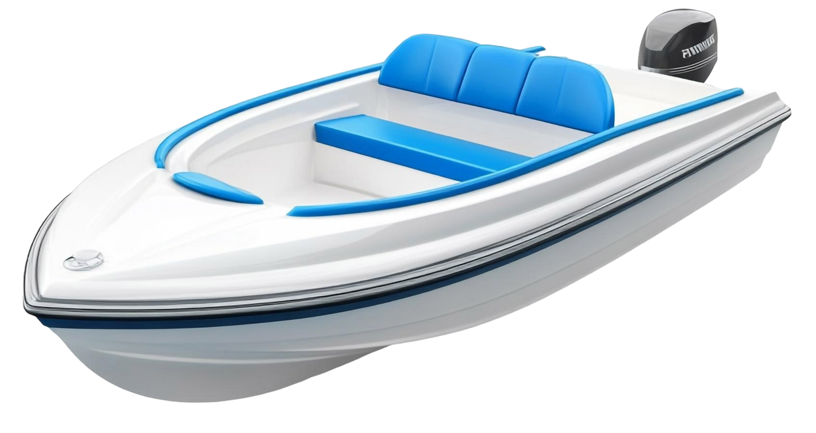 White and blue small motorboat on a white background, angled view with outboard motor.