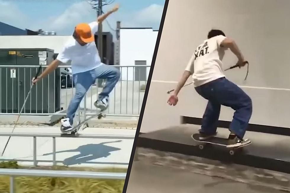 Two skateboarders are featured doing ollies and grinds.