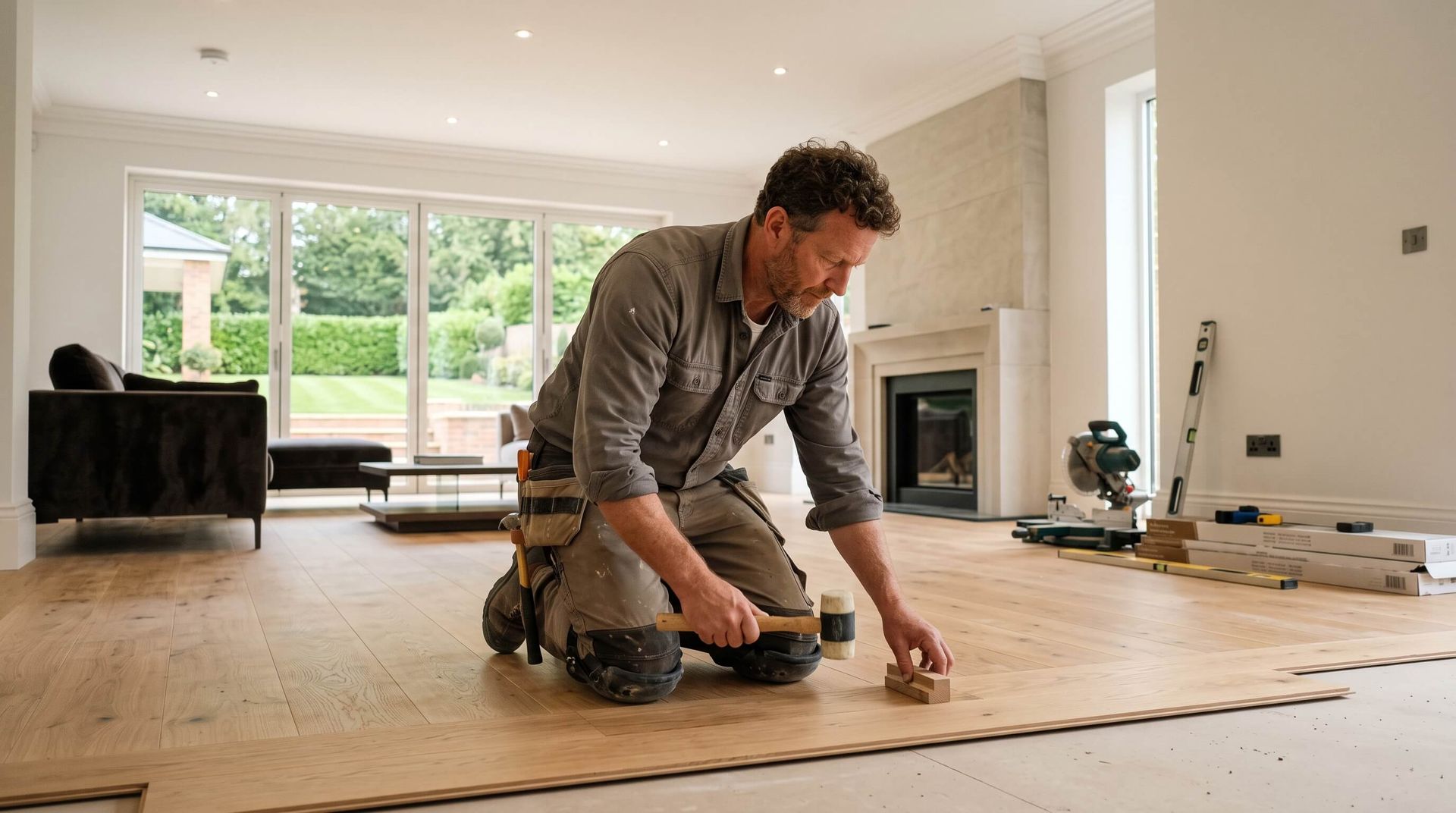 Handyman working hardwood floor installation