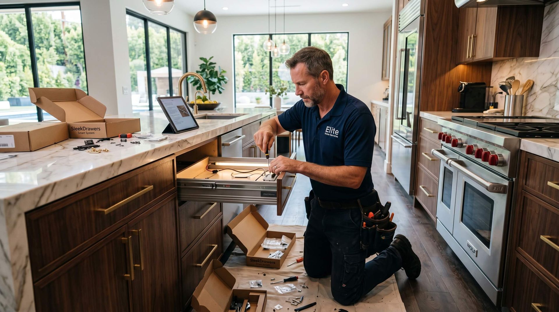 Handyman working on a drawer in the kitchen