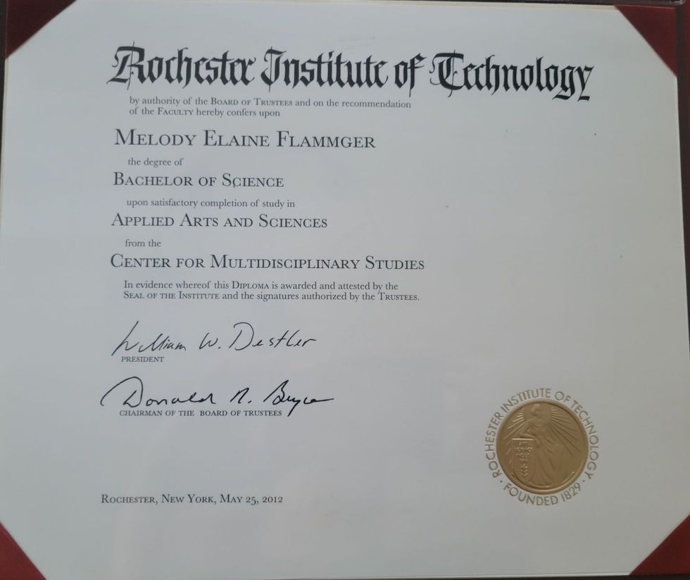 Diploma from Rochester Institute of Technology, to Melody, for Bachelor of Science in Applied Arts and Sciences.