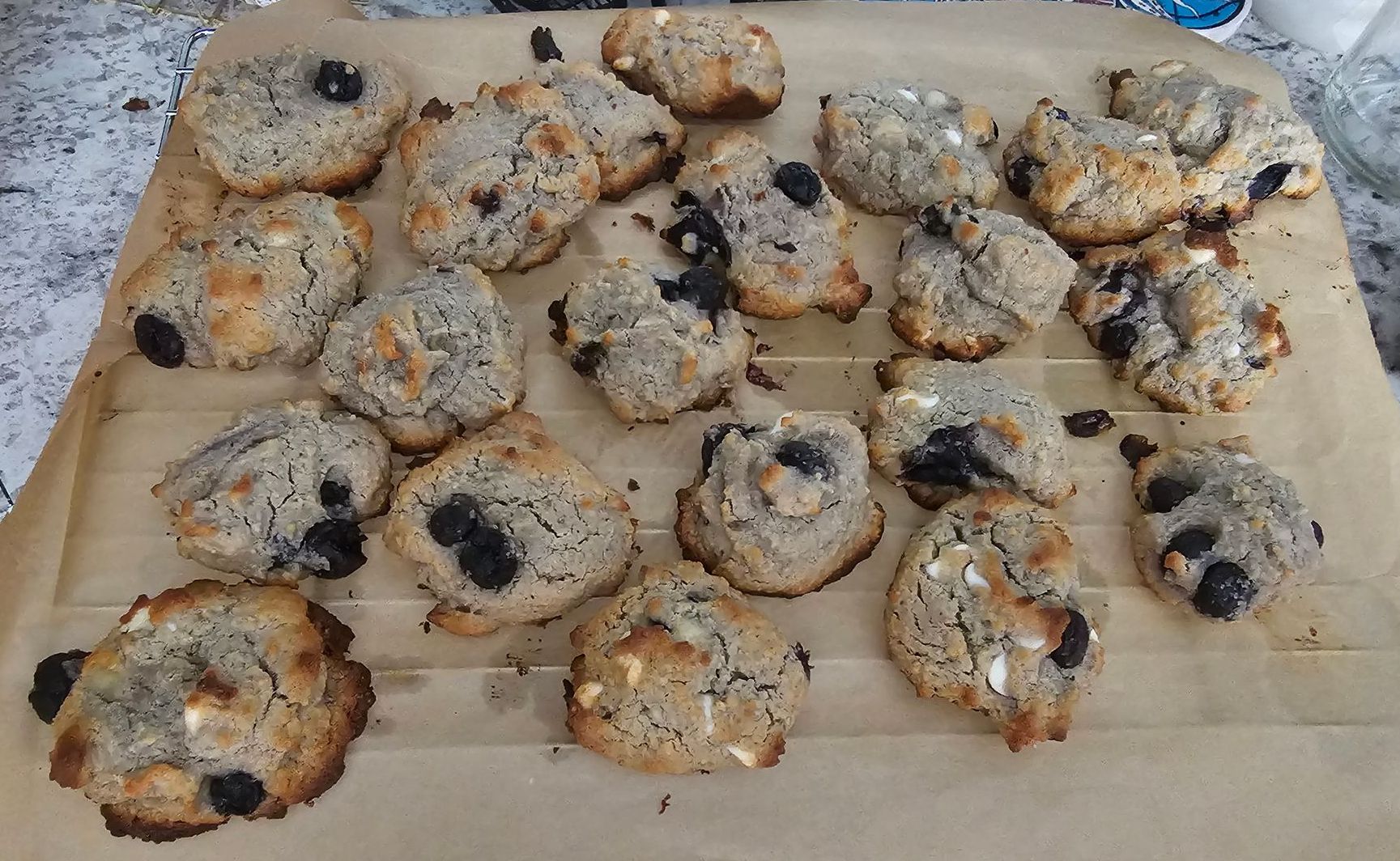 Blueberry and white cheese muffins on parchment paper.