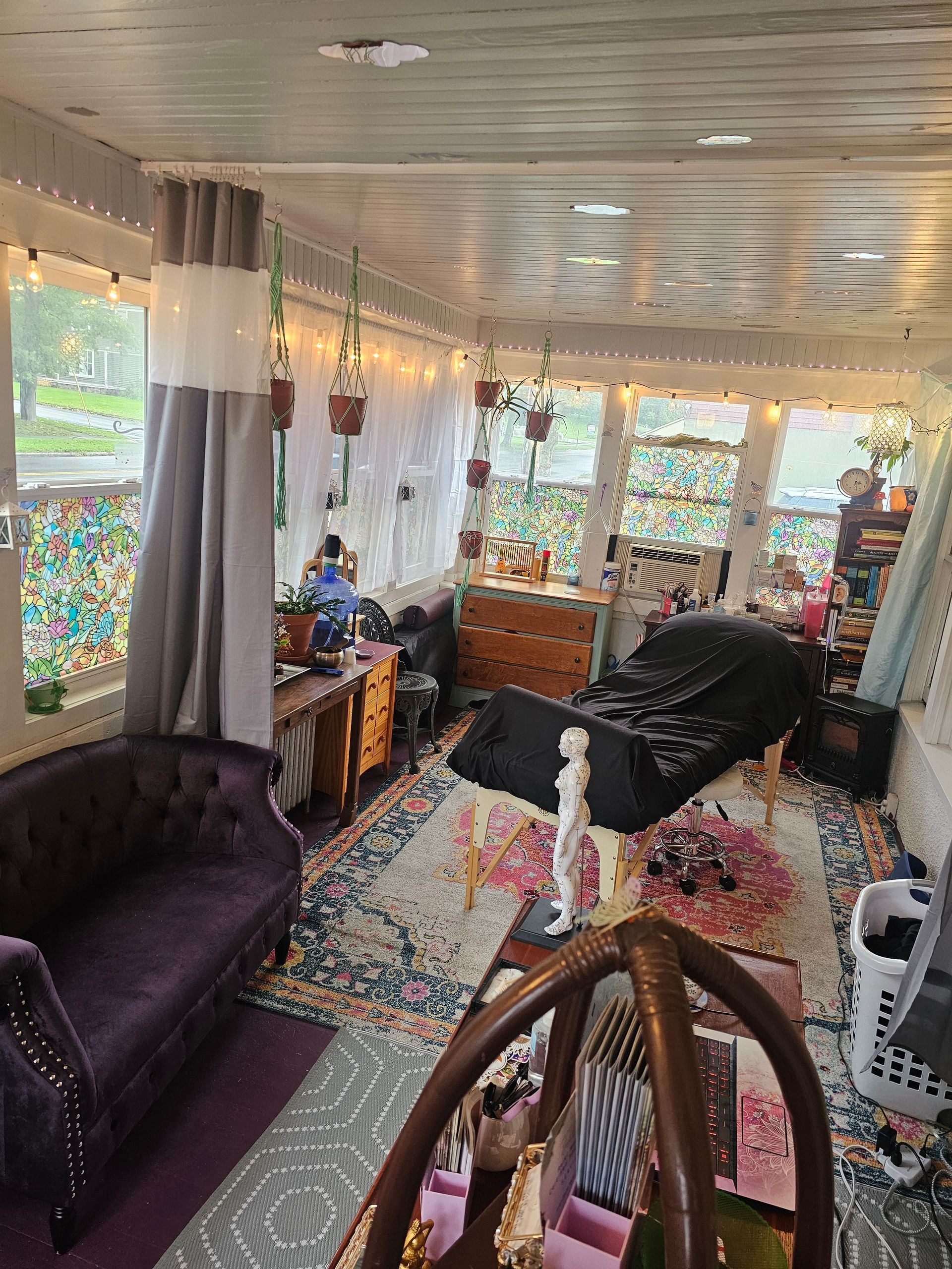 Cozy interior with purple sofa, patterned rug, hanging plants, and windows overlooking a green view.