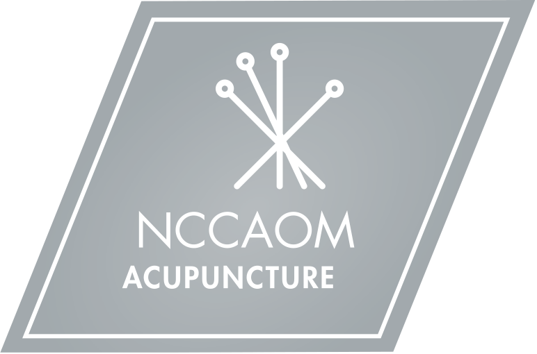 NCCAOM acupuncture logo, grey rhombus with white text and an acupuncture needle design.