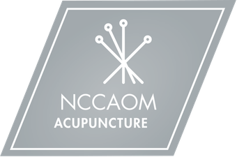 NCCAOM acupuncture logo, grey rhombus with white text and an acupuncture needle design.
