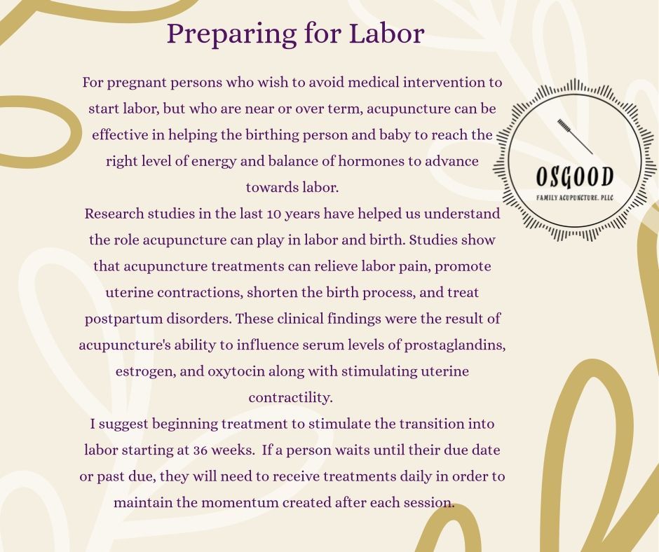 Text about preparing for labor with acupuncture, featuring a logo and gold accents.