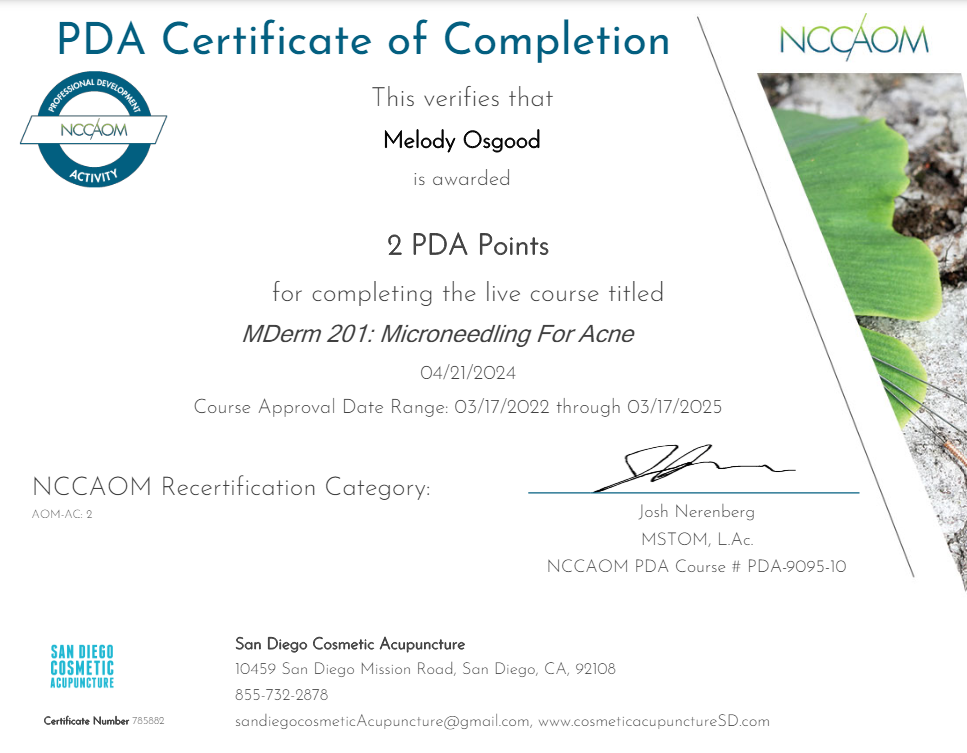 Certificate of Completion for Melody Osgood from NCCQOM, with 2 PDA points for completing 