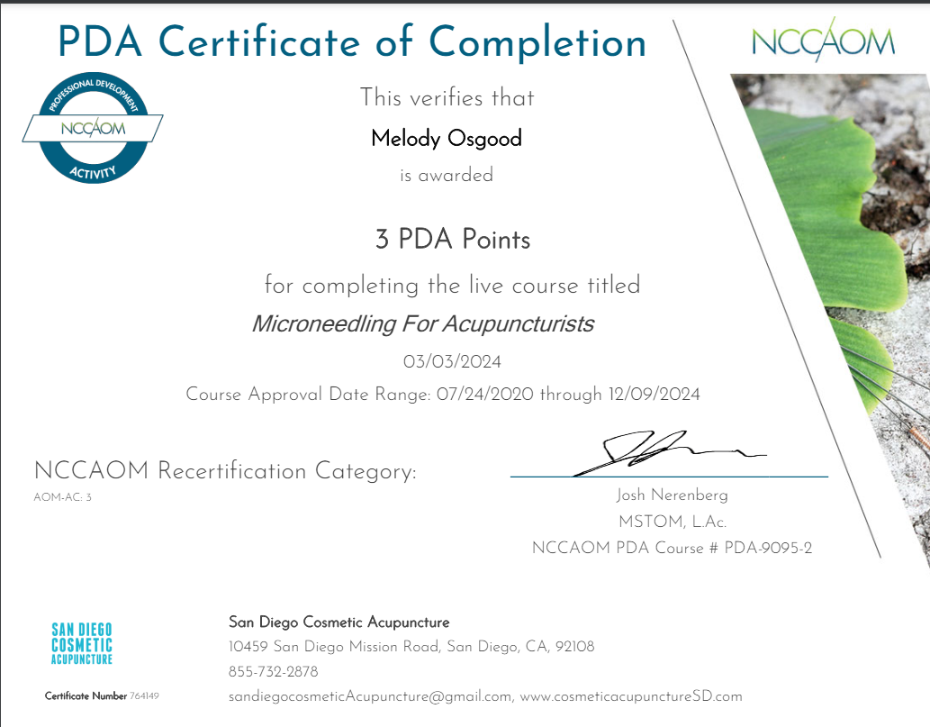 Certificate of completion awarded to Melody Osgood for a course, 