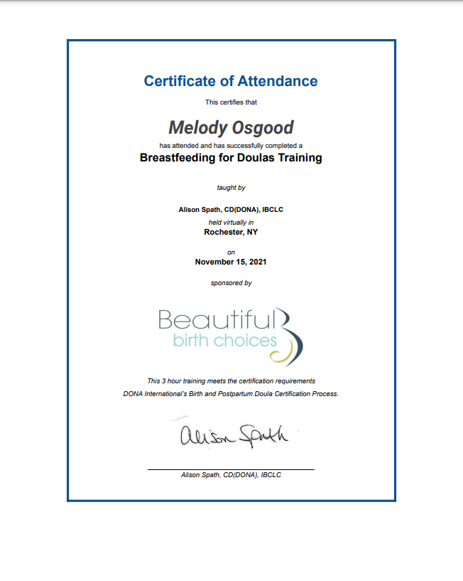 Certificate of Attendance for Melody Osgood, Breastfeeding for Doulas Training by Beautiful Birth Choices.