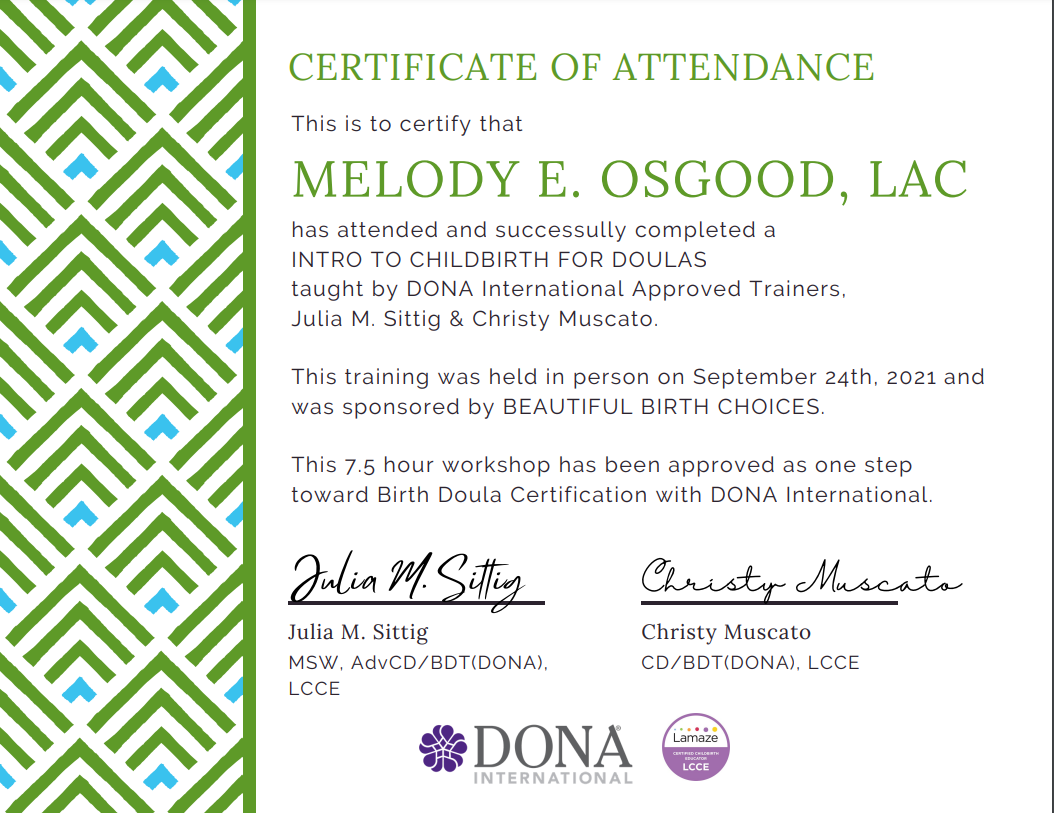 Certificate of Attendance for Melody E. Osgood, LAC, for completing Intro to Childbirth for Doulas training.