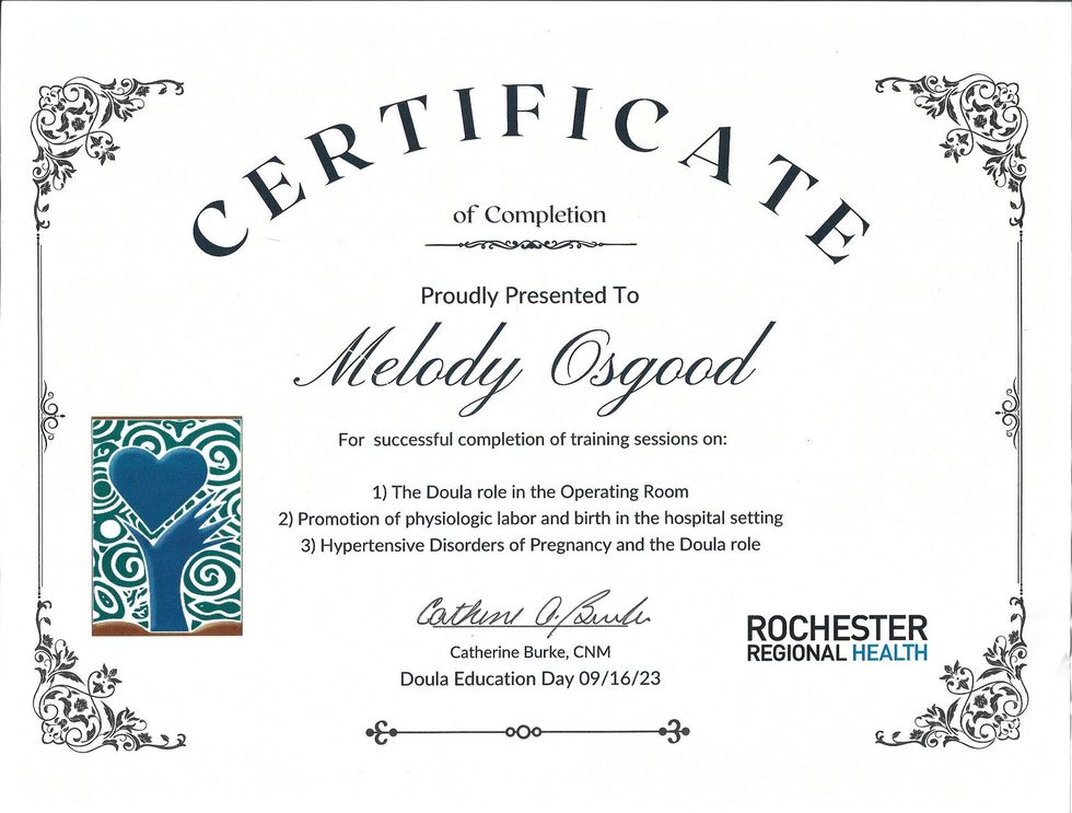 Certificate of Completion for Melody Osgood from Rocheser General Hospital. Includes blue heart tree graphic.