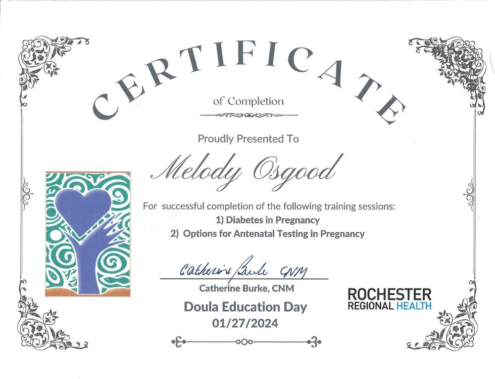 Certificate of completion for Melody Osgood for Doula Education Day 01/27/2024 with blue heart and hand design.
