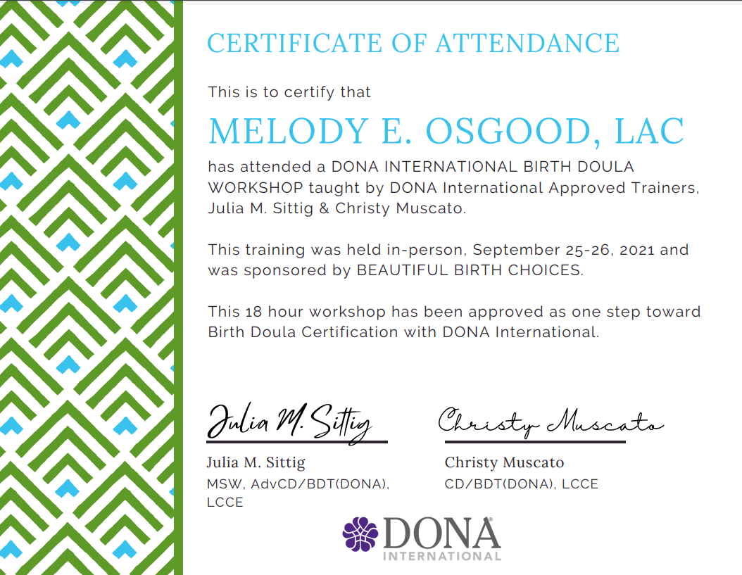 Certificate of attendance for Melody Osgood from DONA International workshop, sponsored by Beautiful Beginnings.