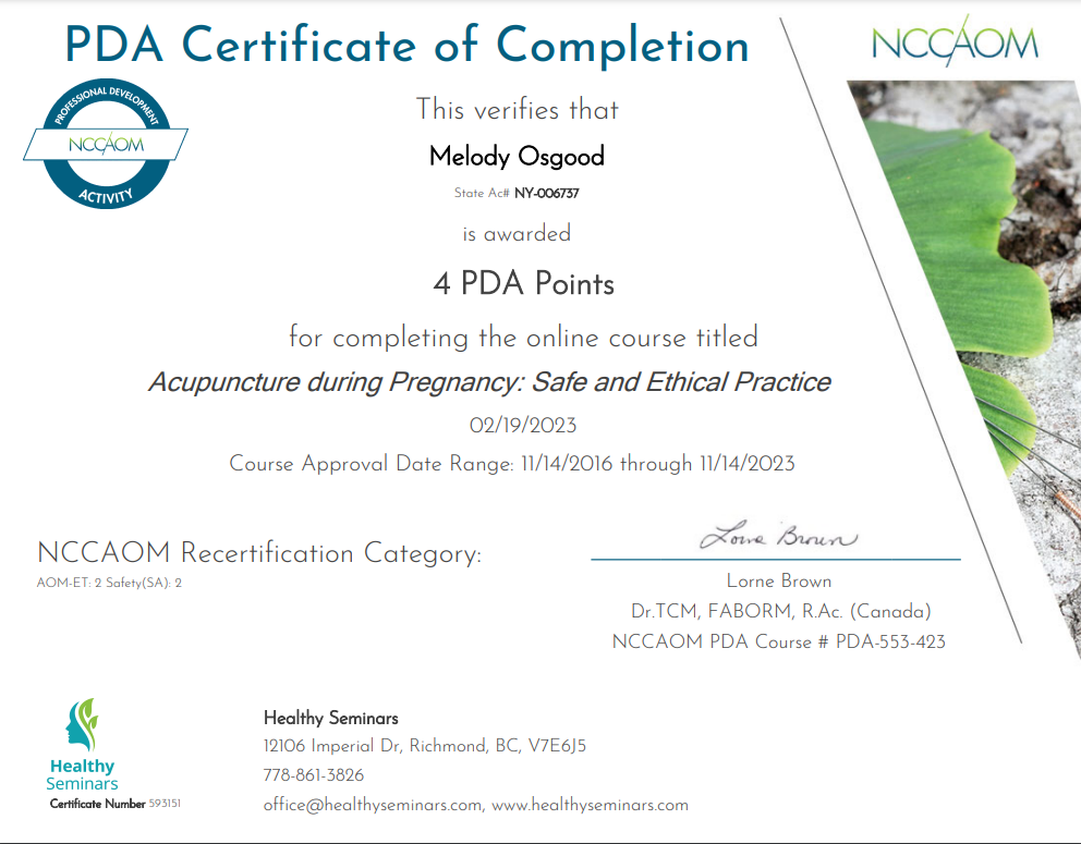 Certificate of completion for Melody Osgood, with 4 PDA points for 