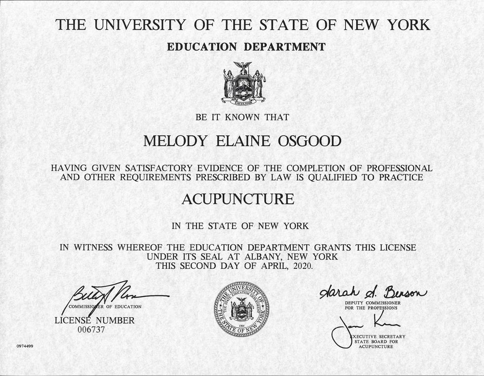 New York acupuncture license for Melody Elaine Osgood, Albany, NY, April 2020.