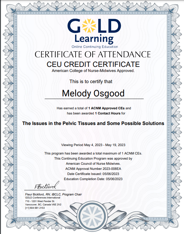 Certificate Melody Osgood from Gold Learning, with a title 