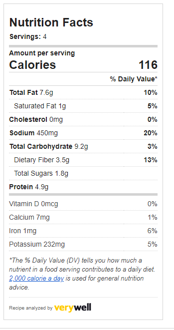 Nutrition facts label with calories, fat, sodium, carbs, and protein information.