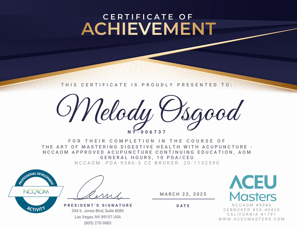 Certificate of Achievement awarded to Melody Osgood Mastering Digestive Health. Navy and gold design.