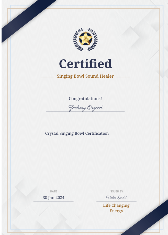 Certificate of Singing Bowl Sound Healer, congratulating Zachary Osgood. Dark blue ribbon accents.