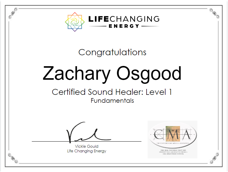 Certificate for Zachary Osgood, Certified Sound Healer: Level 1. Features a logo and signature.