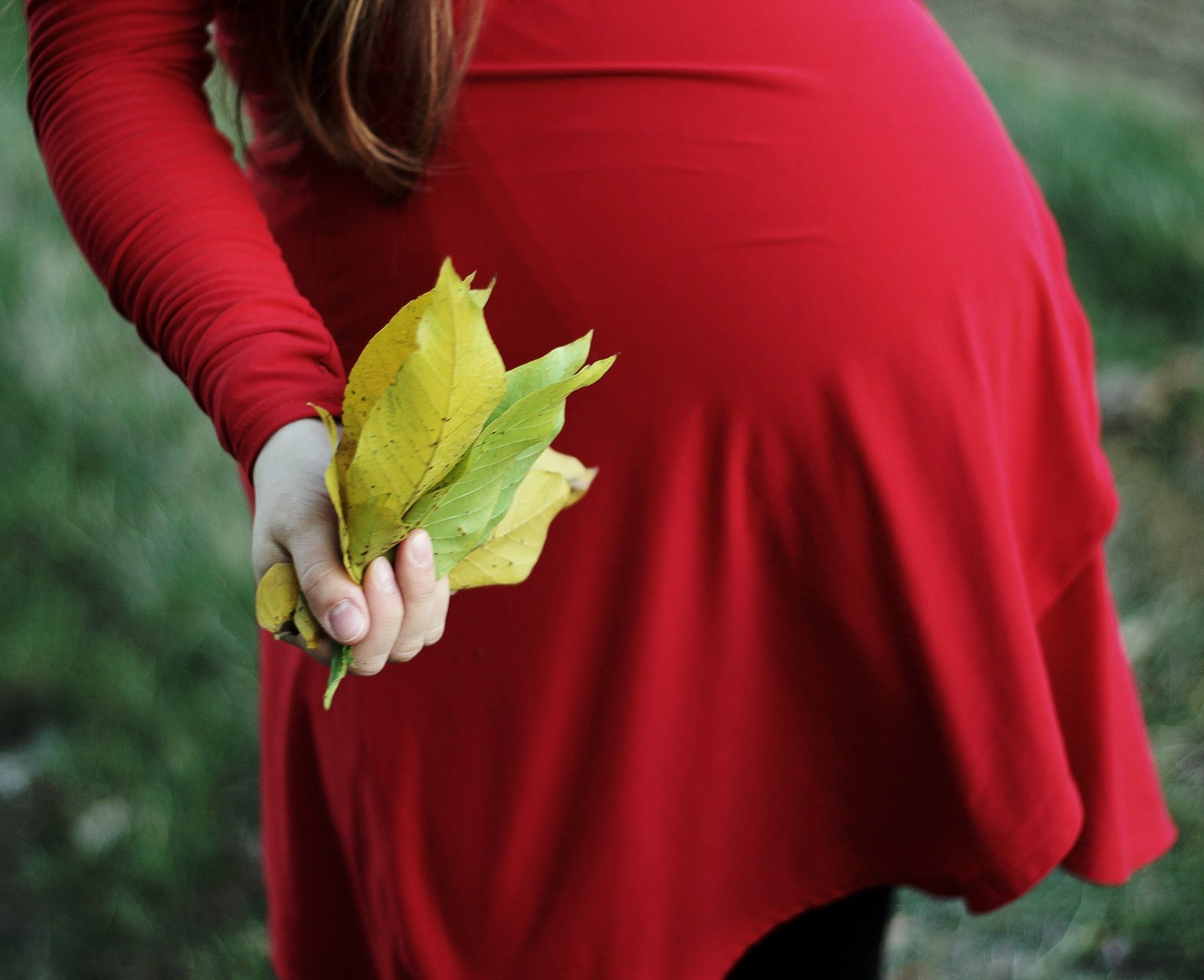 Pregnant person in red dress, holding yellow leaves, outdoors.