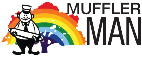 Muffler Man logo with a cartoon mechanic in front of a rainbow and car silhouette