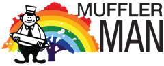 Muffler Man logo with a cartoon mechanic in front of a rainbow and car silhouette