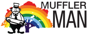Muffler Man logo with a cartoon mechanic in front of a rainbow and car silhouette