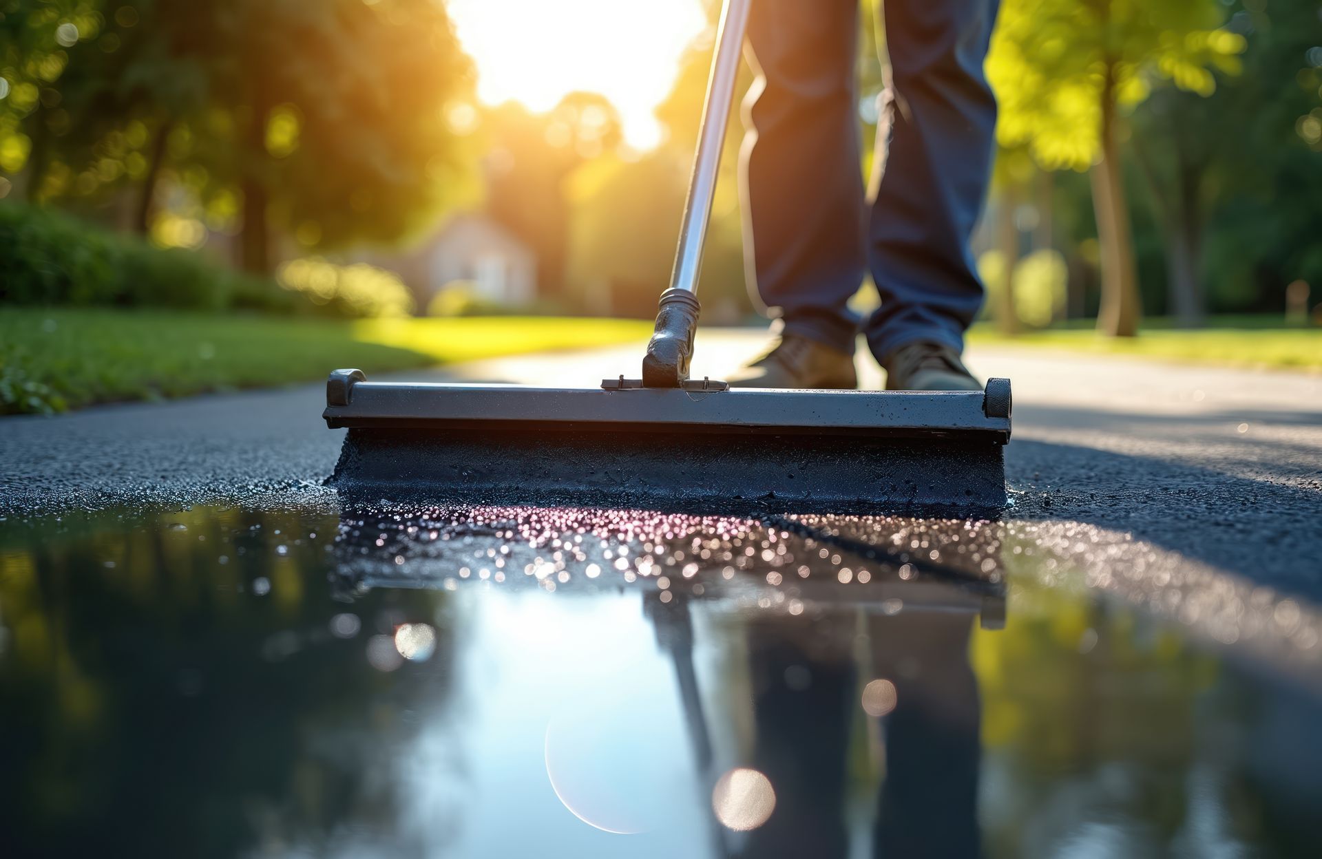 A worker uses a squeegee to apply sealer on a driveway, offering expert sealcoating services. A worker uses a squeegee to apply sealer on a driveway, offering expert sealcoating services.