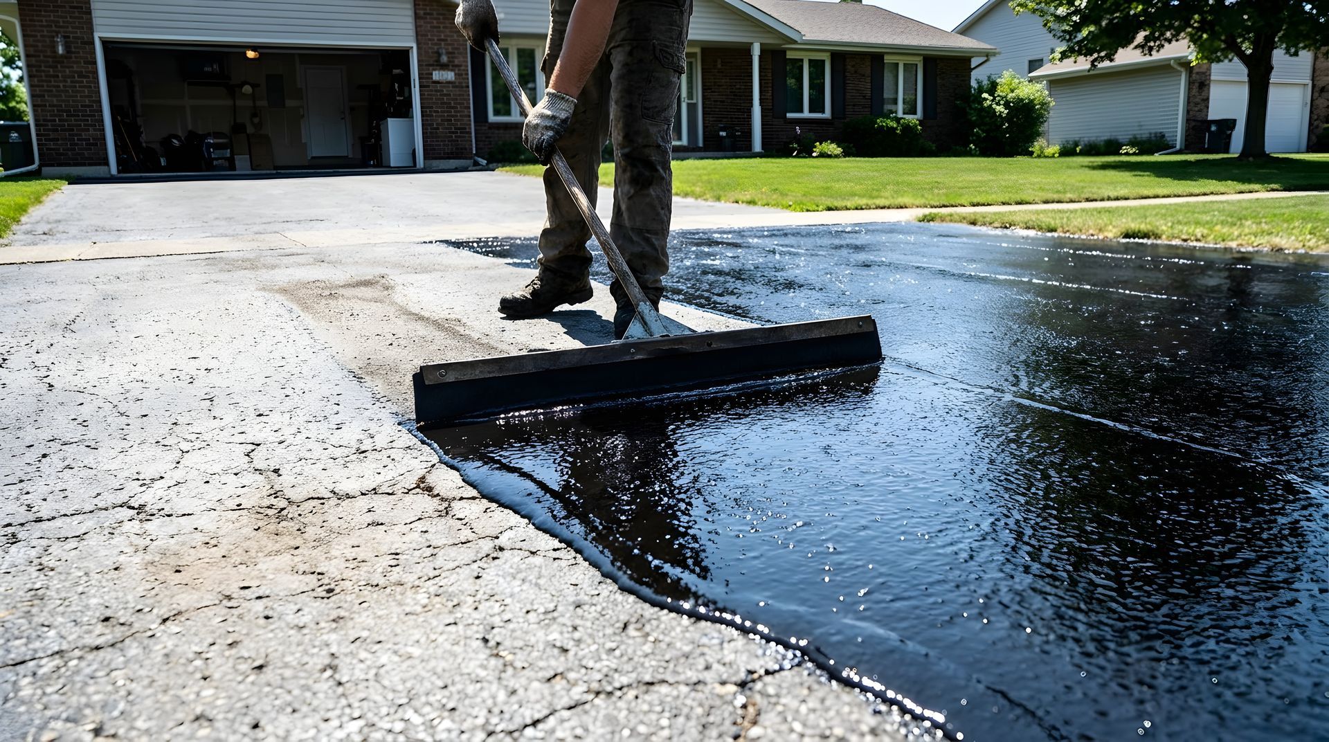 Asphalt sealcoating services in action as a worker squeegees sealer onto a cracked driveway