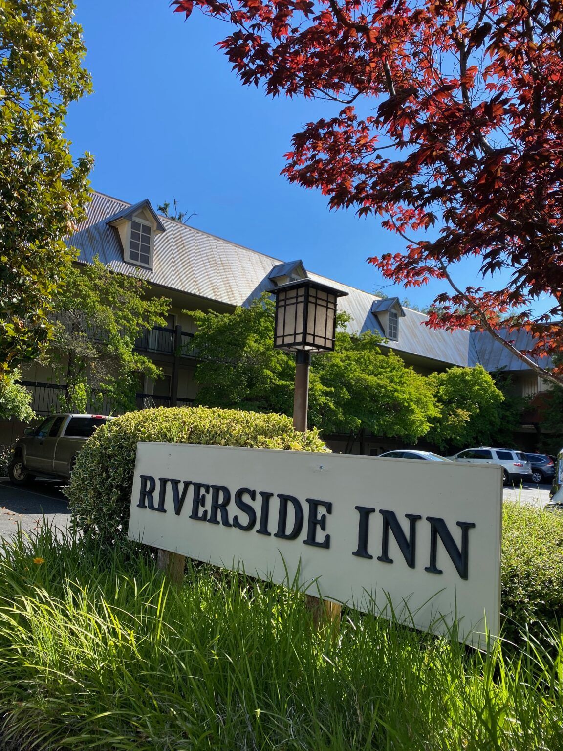 Riverside Inn sign in front of a stone building, with green shrubs and a red-leaf tree under a blue sky